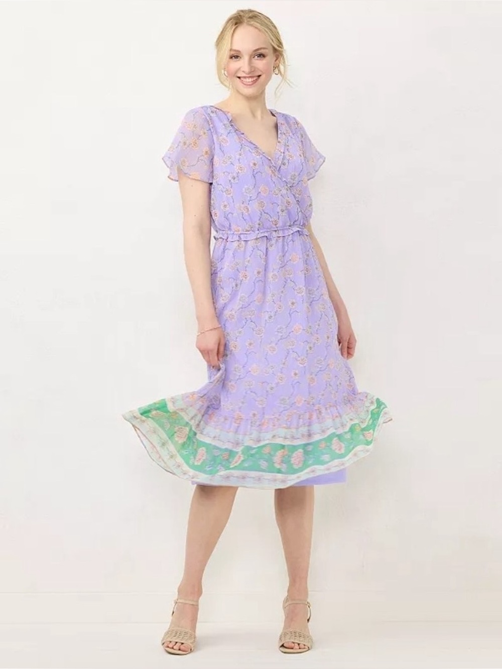 LC Lauren Conrad M Purple Floral Print Shimmer Flutter Sleeve Faux Wrap Dress